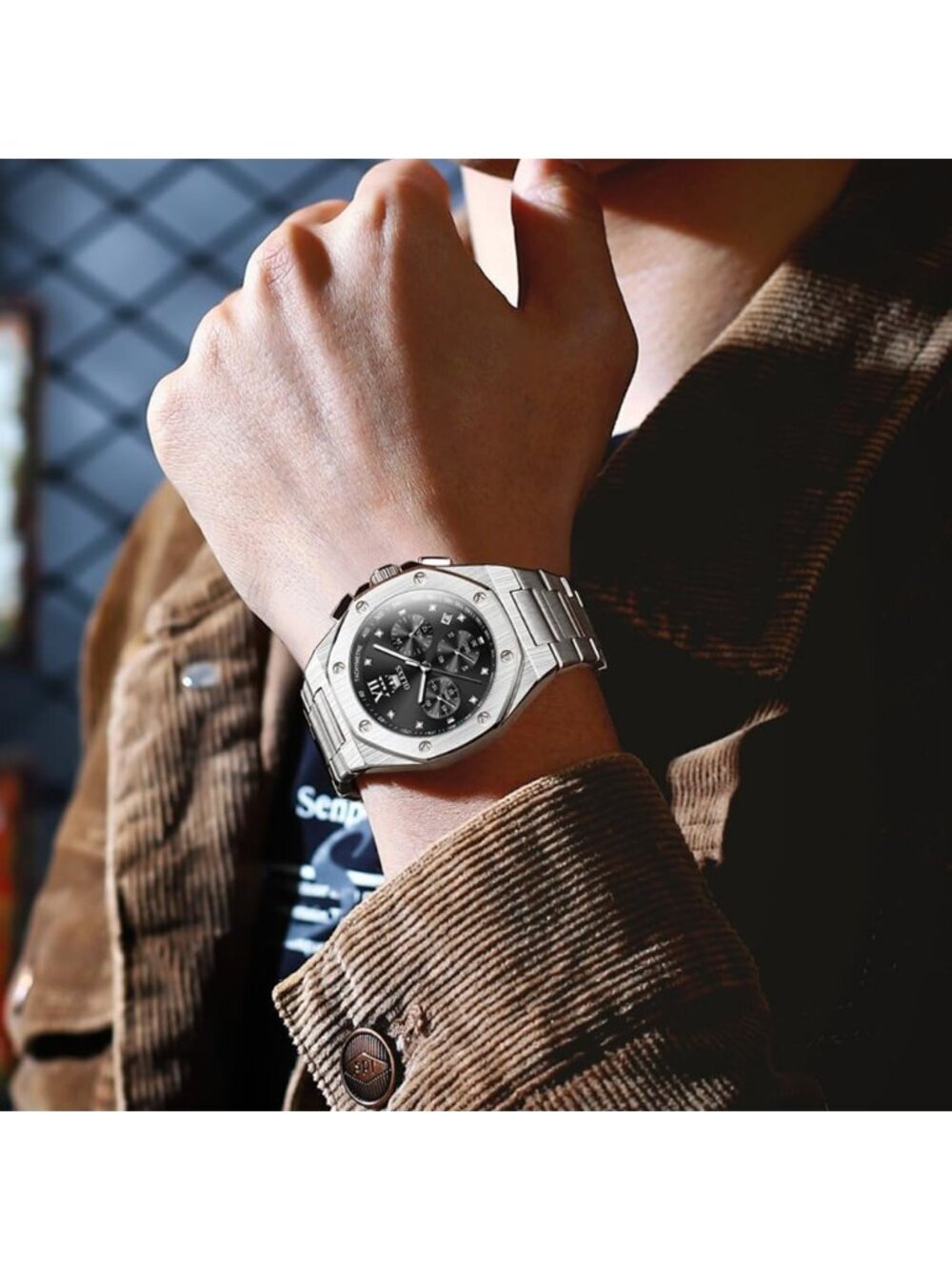 Men's Silver Black Octagonal Luxury Stainless Steel Analog Large Face Wristwatch - Picture 3 of 6